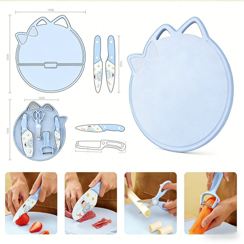 Custom cartoon cat ear round cutting board and knife set with storage slots, including knife, scissors and peeler
